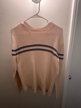 GAP Cream Ribbed Crew Sweater with Navy Stripes